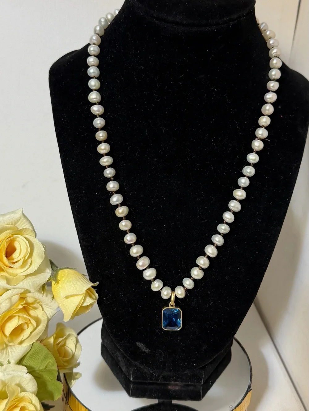 Roxanne Assoulin Freshwater Pearl Necklace with Royal Blue Zirconia Pendant NEW